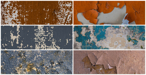 Set of peeling paint textures. Old concrete walls with cracked flaking paint. Weathered rough painted surfaces with patterns of cracks and peeling. Collection of panoramic backgrounds for design. - 794086607