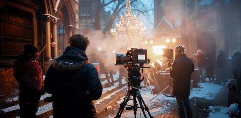 Fototapeta premium Film crew on set during a winter evening shoot
