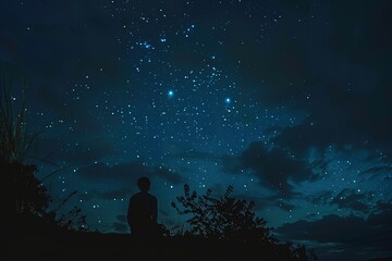 a man sitting on a hill watching the stars - obrazy, fototapety, plakaty