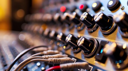 A close up of a modular synthesizer with patch cables. - obrazy, fototapety, plakaty