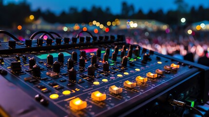 A sound engineer is mixing the sound at a live concert.