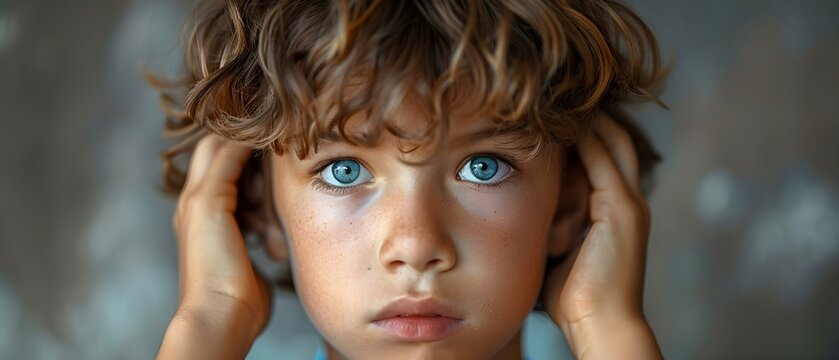 Young boy experiencing sensory overload and discomfort by covering his ears. Concept Child Development, Sensory Overload, Coping Mechanisms, Discomfort, Parenting