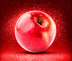 Red apple  on a red background isolated - obrazy, fototapety, plakaty