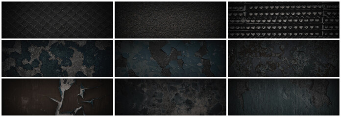 Set of dark panoramic background textures. Collection of wide textures with peeling paint, cracks, rust, scratches, noise and grain. Rough surfaces of old walls. Bundle of backgrounds for design. - 794086863