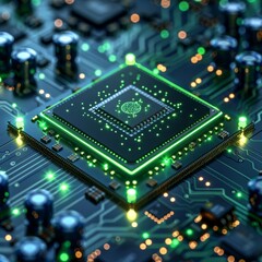 Obraz premium A close up of a computer chip with a glowing green brain symbol in the center.