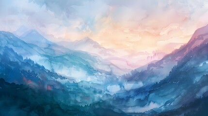 Ethereal Watercolor Landscape of a Tranquil Mountain Valley at Dawn