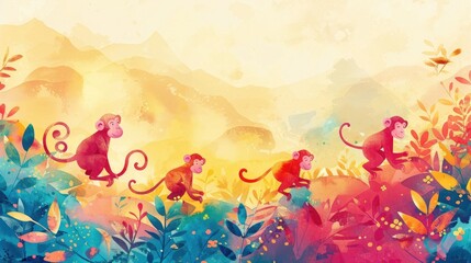 Fototapeta na wymiar Mischievous Monkeys Frolicking Adventure in a Vibrant Watercolor Landscape