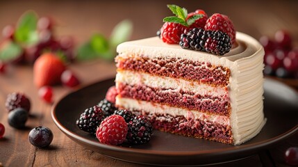 A piece of tiramisu with raspberries on a white plate on the table. Traditional Italian dessert
