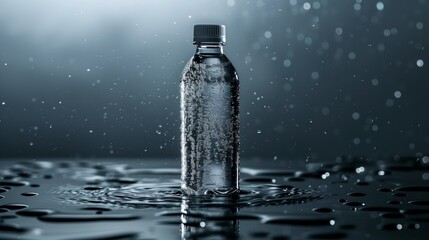 A plastic bottle filled with drinking water is placed in a pool of liquid. The clear fluid inside the bottle contrasts with the surrounding water, creating a visually interesting scene - obrazy, fototapety, plakaty