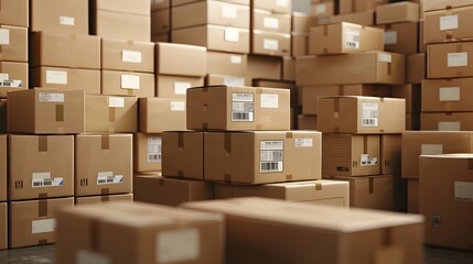 Stacked Cardboard Boxes in Industrial Warehouse Setting with Visible Barcodes and Shipping Labels