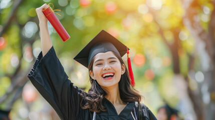 Happy asian female graduate student in the black academic gown and mortarboard with diploma looking at camera and smiling. success, graduation day celebration