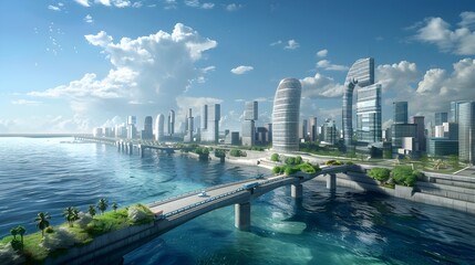 Urban Planning for Climate Resilience: Coastal Cityscape with Advanced Sea Walls - obrazy, fototapety, plakaty
