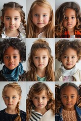 composite portrait of little girls of different cultures headshots on white background, including all ethnic, racial, and geographic types of male children in the world