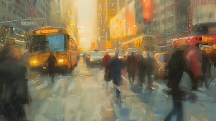 Vibrant City Street Scene in the Style of American Impressionism with Bustling Crowds Traffic and Warm Sunset Glow