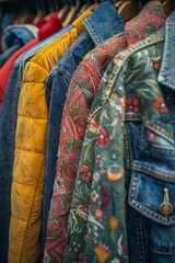 Close up of colorful clothes in second hand clothing shop, charity shop, thrift store, street market