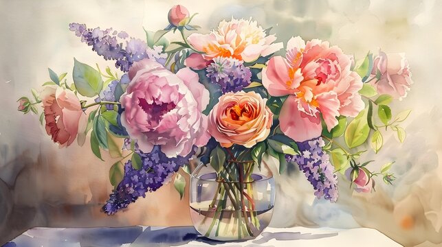 Vibrant Vintage Style Floral Watercolor Bouquet in Glass Vase with Soft Shadows and Ethereal Lighting