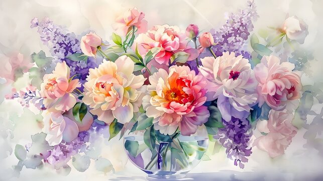 Vibrant Watercolor Bouquet of Pastel Peonies Roses and Lilacs in a Glass Vase with Soft Flowing Brushstrokes and Hazy Serene Lighting