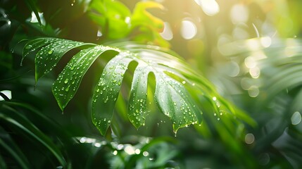 Dewy Tropical Leaves Basking in Summer Sunlight - Invigorating Floral Rainforest Detail - obrazy, fototapety, plakaty
