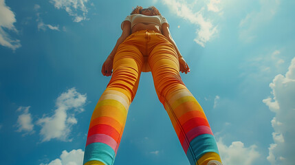 A whimsical low-angle shot creating a giantess illusion, featuring a person standing tall with rainbow-striped leggings against a blue sky. 