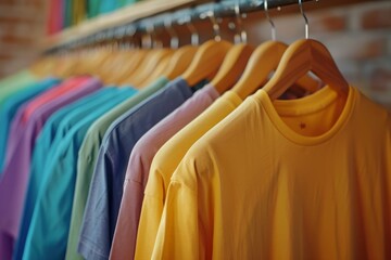 Fototapeta premium Close up of colorful t-shirts on hangers for man, apparel background. Variety of colors of mens t-shirts. Gray, black, white, olive, green, blue, burgubdy. High quality photo