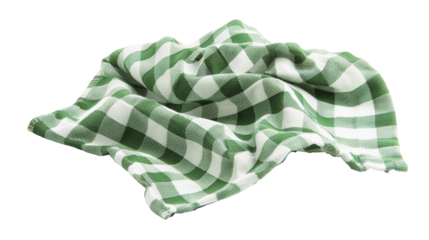 A crumpled green and white striped kitchen towel on a white background.