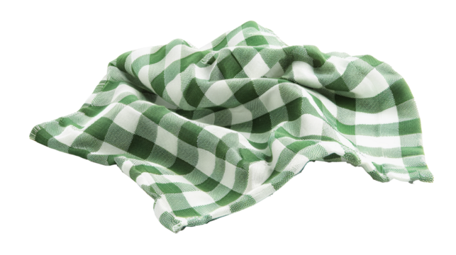 A crumpled green and white striped kitchen towel on a white background.