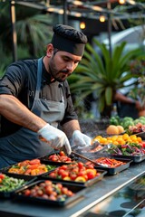 Chef cooking at a live station at a corporate party on a terrace outside