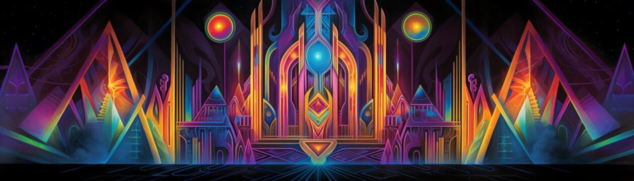 An esoteric and geometric mural, symmetrical and bursting with vivid colors, illuminated by the captivating glow of luminism