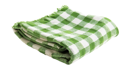 A folded green and white checkered kitchen towel on a white background.