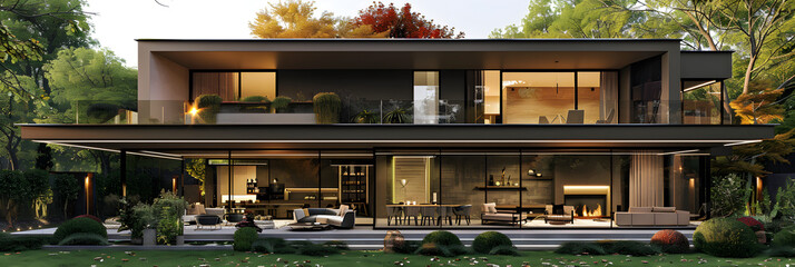 View of luxurious modern house exterior with din - obrazy, fototapety, plakaty
