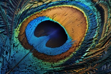 Colorful peacock feather macro close-up, peacock feather texture, beautiful background, rich color