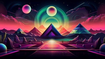 Surreal landscape with high contrast geometric shapes, esoteric symbols, and captivating neon accents - obrazy, fototapety, plakaty