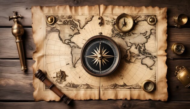 Old map on a wooden table, and other adventurer objects