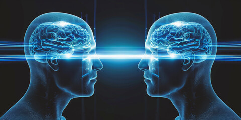 Two human silhouettes facing each other with glowing brains connected by a stream of light, symbolizing mental connection or telepathy, thinking in two parallel