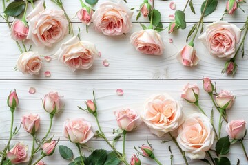 Abstract floral background. Blush pink roses on white wooden table. Various creamy pink roses flowers and buds layout on white background with copy space. Top view, flat lay