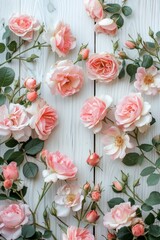 Abstract floral background. Blush pink roses on white wooden table. Various creamy pink roses flowers and buds layout on white background with copy space. Top view, flat lay