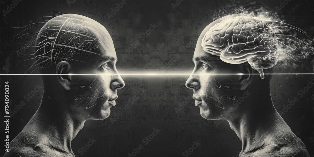 Poster digital artwork depicting two human profiles facing each other, one with a transparent head exposing