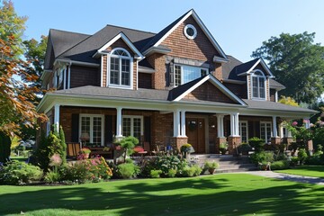 Fototapeta premium on a green lawn stands a two-story brown house with white pillars and windows. the house is surrounded by flowers and green plants