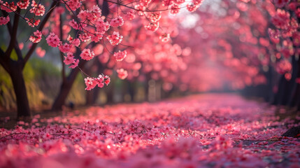 Pink cherry blossoms are falling on a path