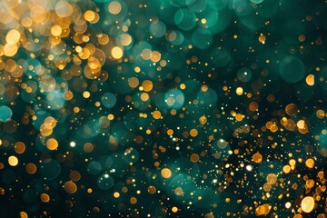 Abstract blur bokeh banner background. Gold bokeh on defocused emerald green background