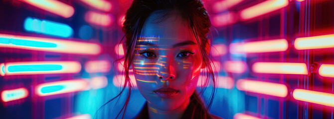 Neon glow on woman's face in dark room. Asian woman with augmented reality holograms