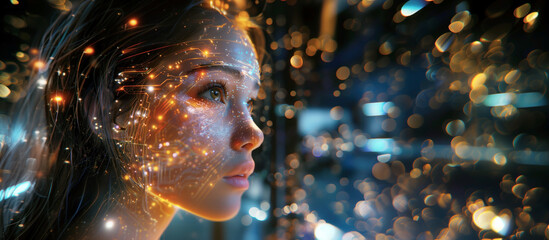 Young woman with augmented reality interface around her head. The portrait captures technological imagery superimposed over her features against a backdrop of light orbs