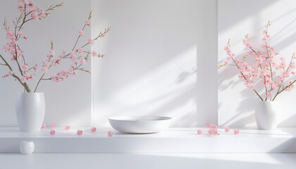 Two white vases with pink blossoms on a sunlit shelf, casting shadows with an empty white bowl and petals.