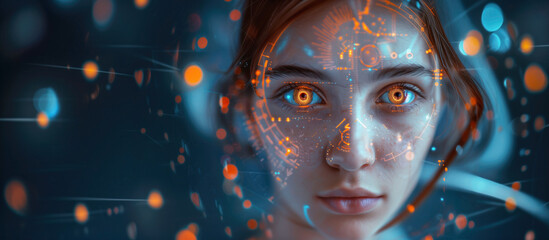 Enhanced reality teen portrait with holographic interface, Girl with futuristic orange and blue hologram effects around face
