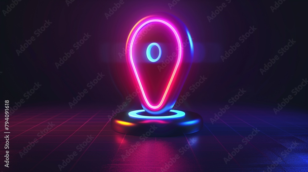 Aufkleber digital navigation and futuristic travel: 3d rendered gps pin with neon glow position marker and bri