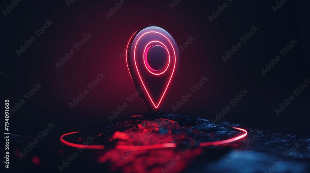 Aufkleber digital navigation and futuristic travel: 3d rendered gps pin with neon glow position marker and bri
