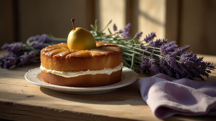 Still life with pear cake and lavender flowers on a wooden table