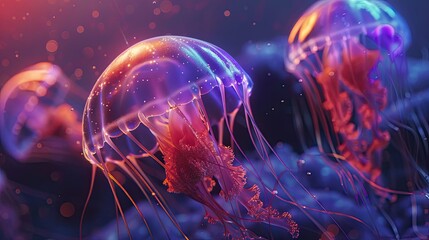 Glowing jellyfish elegantly float in a deep-sea environment