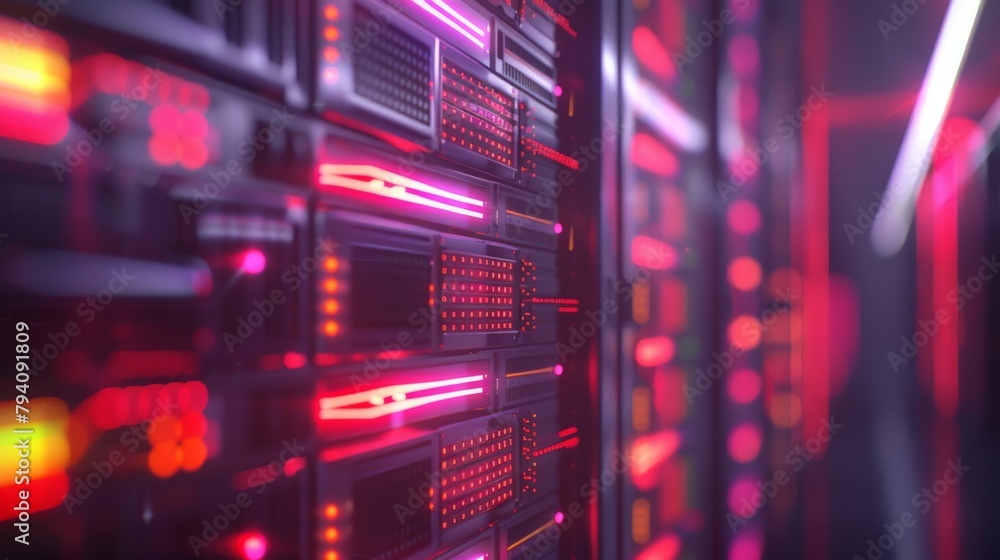 Poster a glowing data center server bank with a depth of field, great for a cloud storage company.