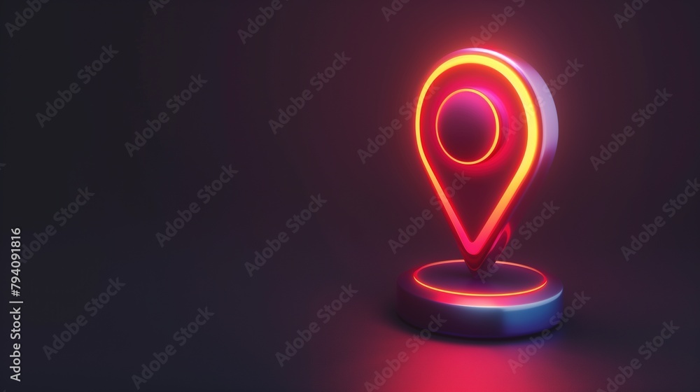 Aufkleber digital navigation and futuristic travel: 3d rendered gps pin with neon glow position marker and bri